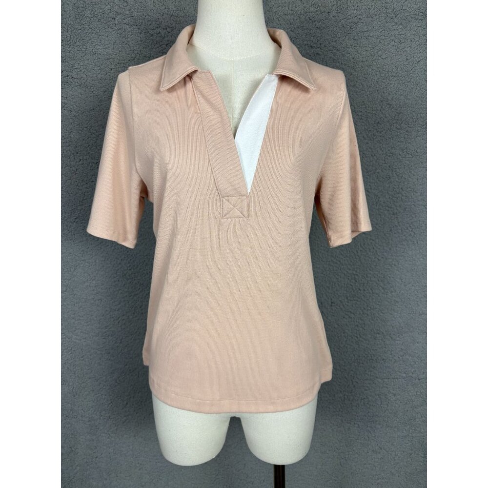 ON-34TH Women's Elbow-Sleeve Ribbed Polo Shirt Medium Tan New With Tag's.